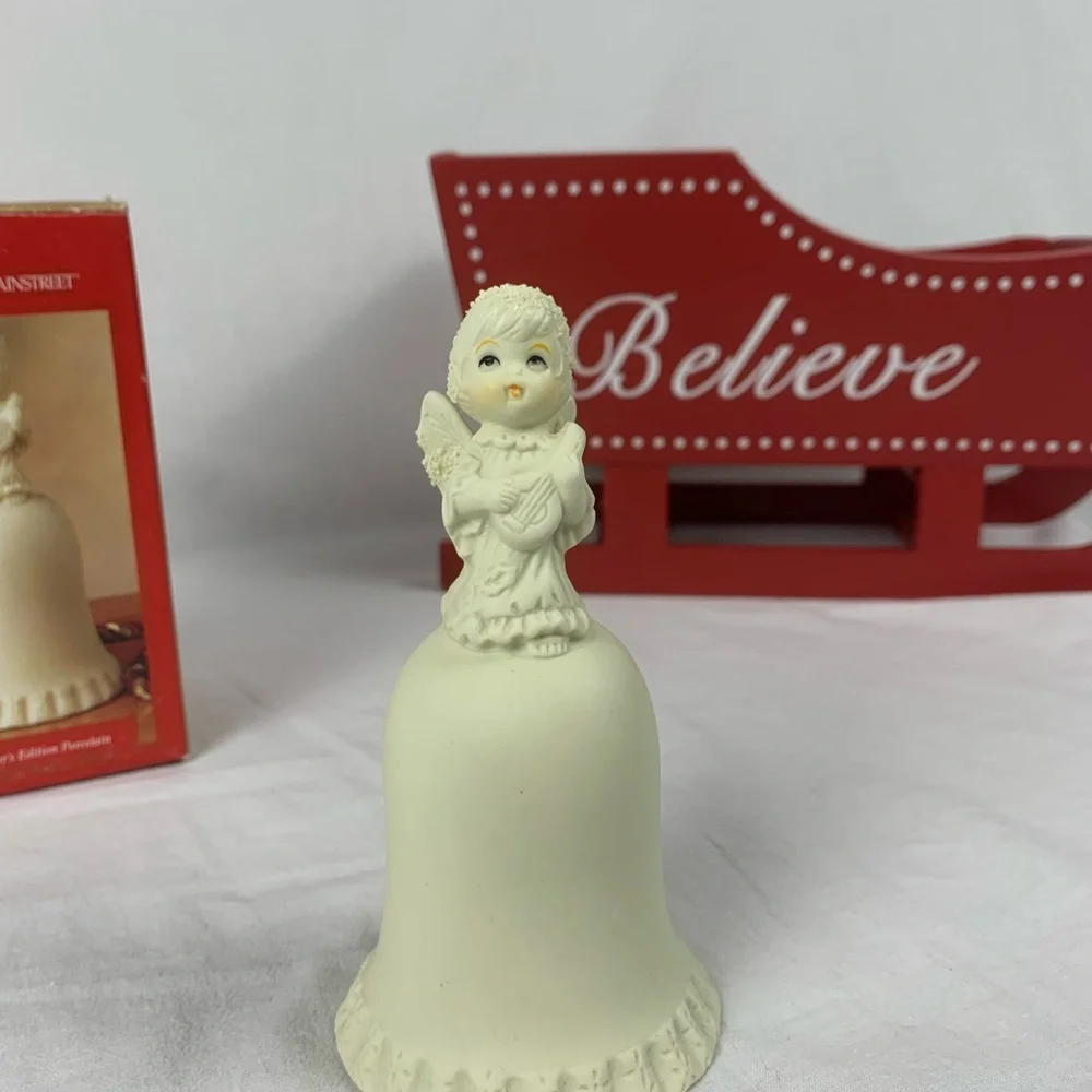 Vintage Holiday Angel Bell Figurine Cream  In Original Box Holiday Decor
